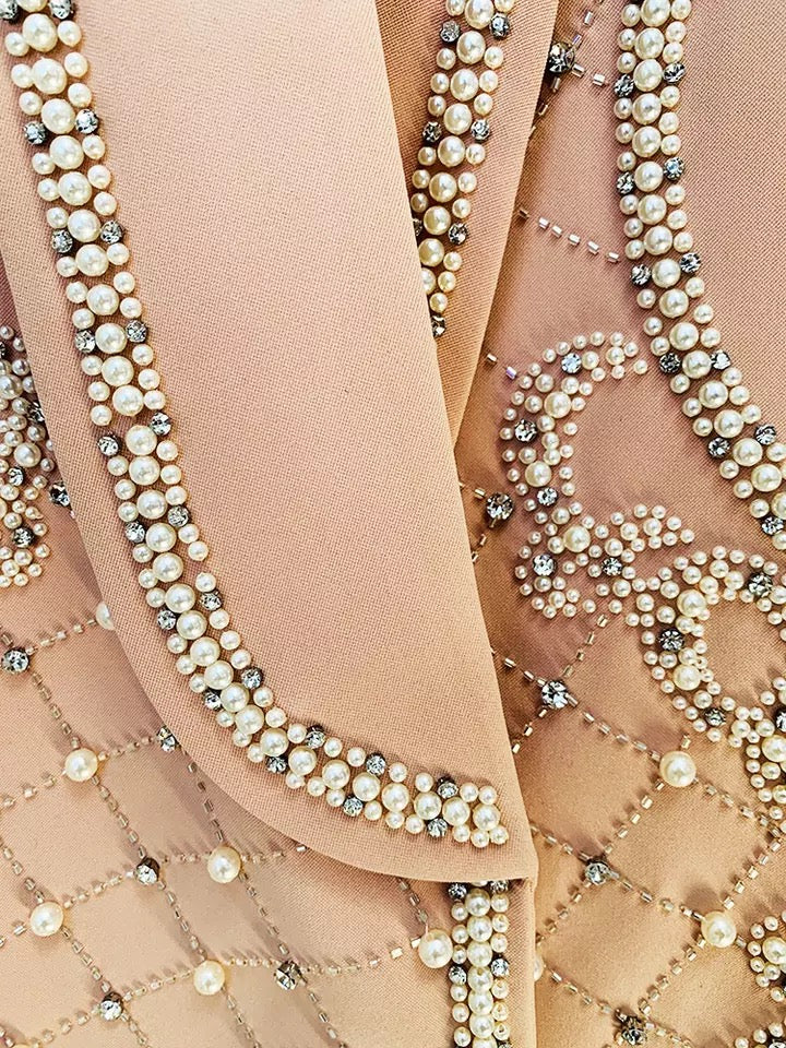 Tarik Nude Faux Pearl Embellished Blazer