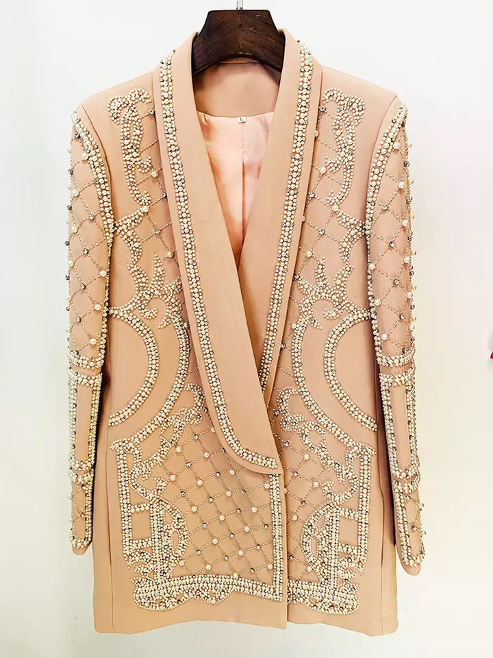 Tarik Nude Faux Pearl Embellished Blazer