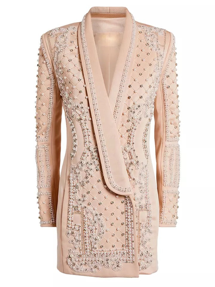 Tarik Nude Faux Pearl Embellished Blazer